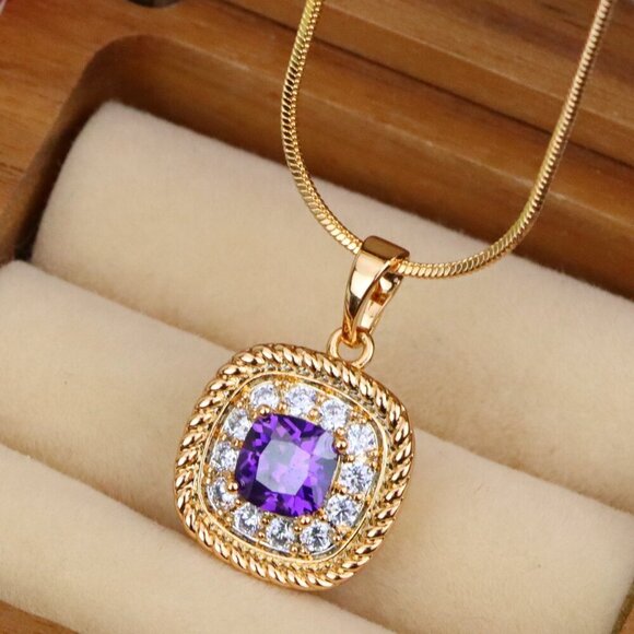 "Elegant Purple Square Pendant with Sparkling Border in Gold Finish, XPPT1658 - Picture 1 of 13